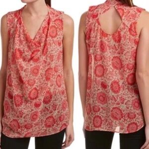 Cabi Womens Blouse XS Red Floral Vita Sleeveless Cut Out Back 5037 Draped Neck